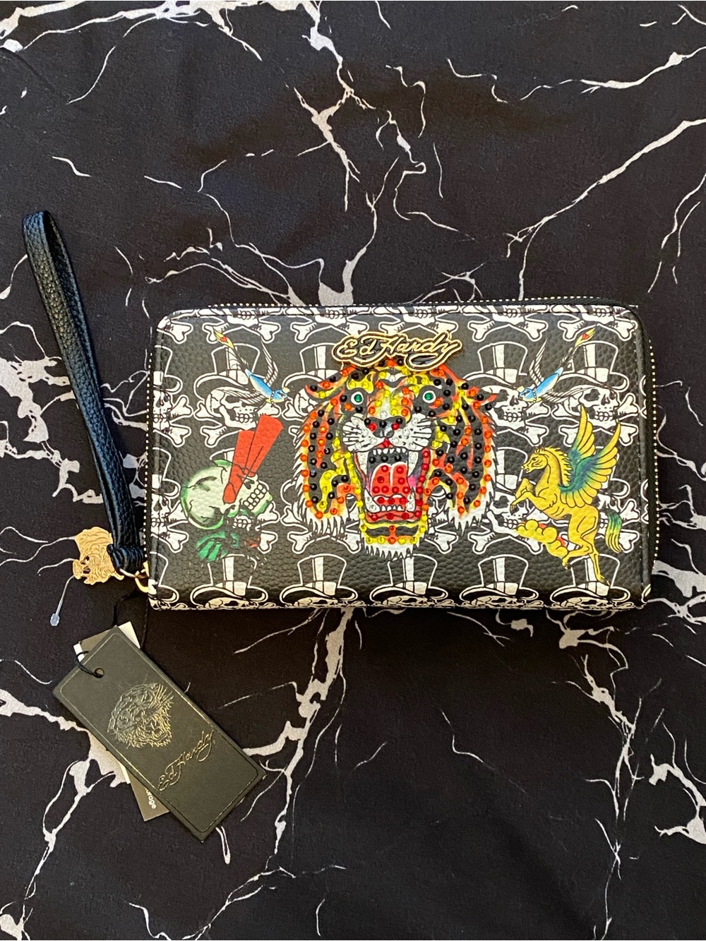 NWT 🐅 Ed Hardy Tattoo Tiger Skull Pegasus Rhinestone Large Wristlet Zip Wallet